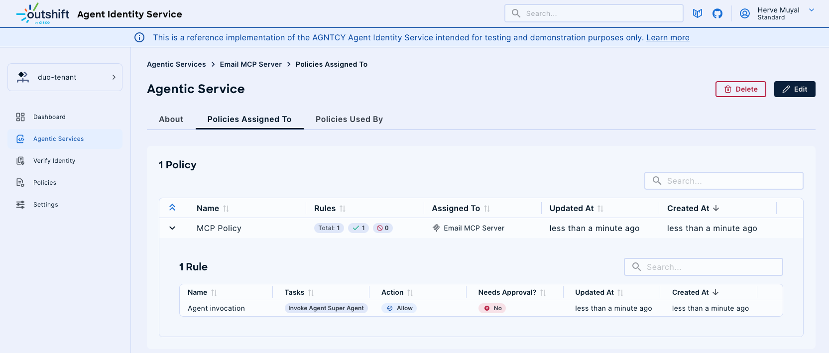 Policies Assigned to Agentic Service