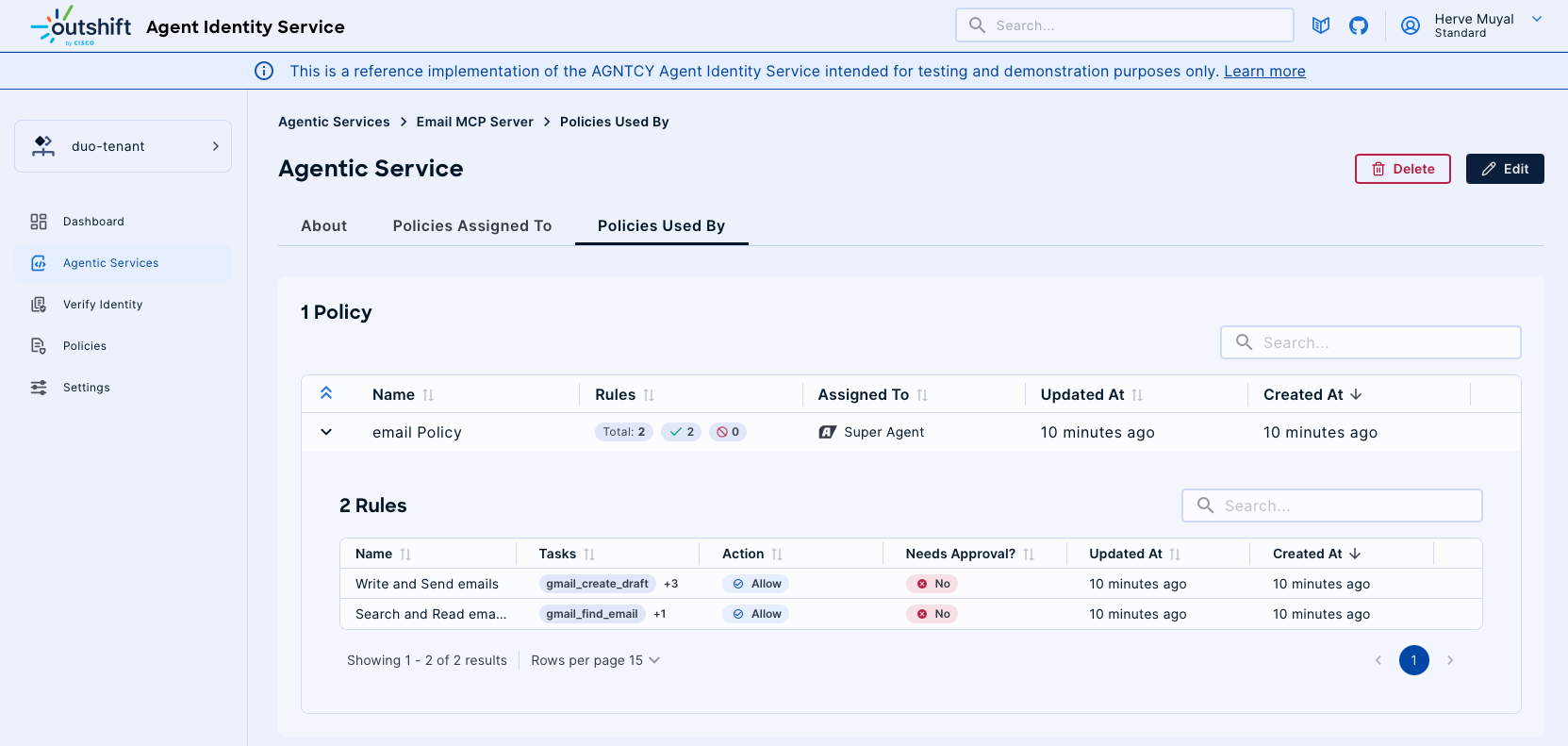 Policies Assigned to Agentic Service